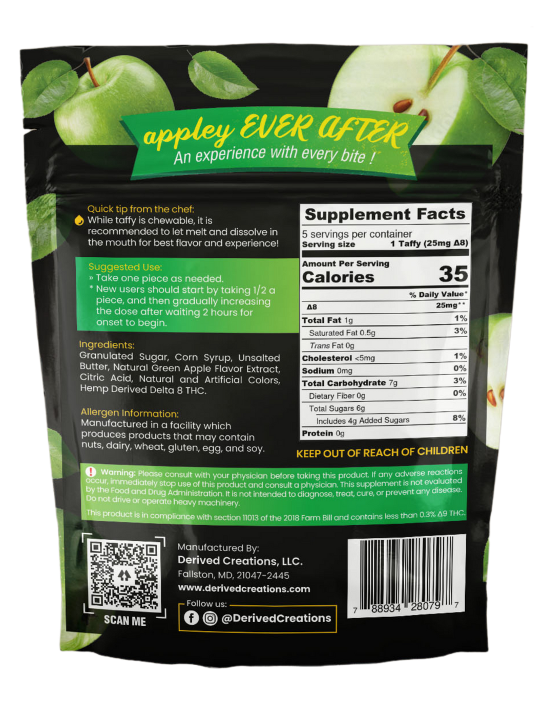25mg - Delta 8 - Green Apple Taffy (5-PACK BAG)