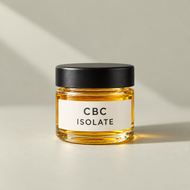 Illustrative CBC isolate oil jar with a black lid and cream label on a sage background.