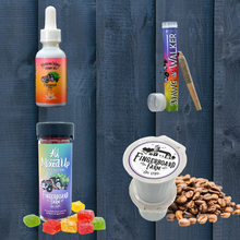 Load image into Gallery viewer, Cbd bundle set with morning Magic, Dawg walker pre roll, all mixed up gummies, and cbd coffee 